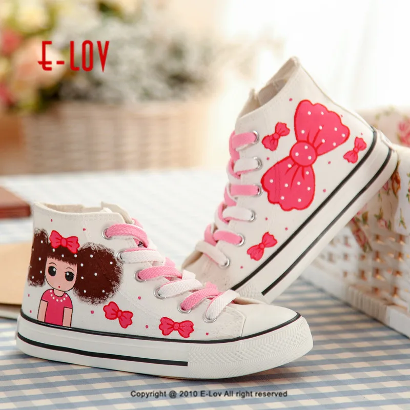 

E-LOV Beautiful Girl Bowknot Painting Designs Hand-Painted Canvas Shoes Personalized Adult Casual Shoes Cute Platform Shoes