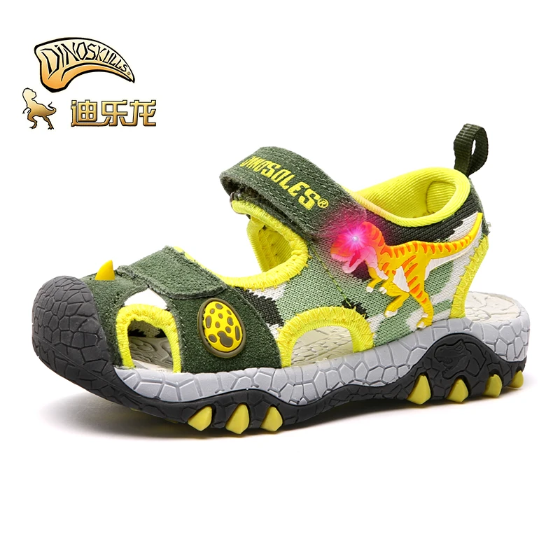DINOSKULLS/Летняя детская спортивная обувь; сандалии с динозавром для мальчиков; светящийся светодиодный; с закрытым носком; дышащие детские пляжные сандалии с вырезами