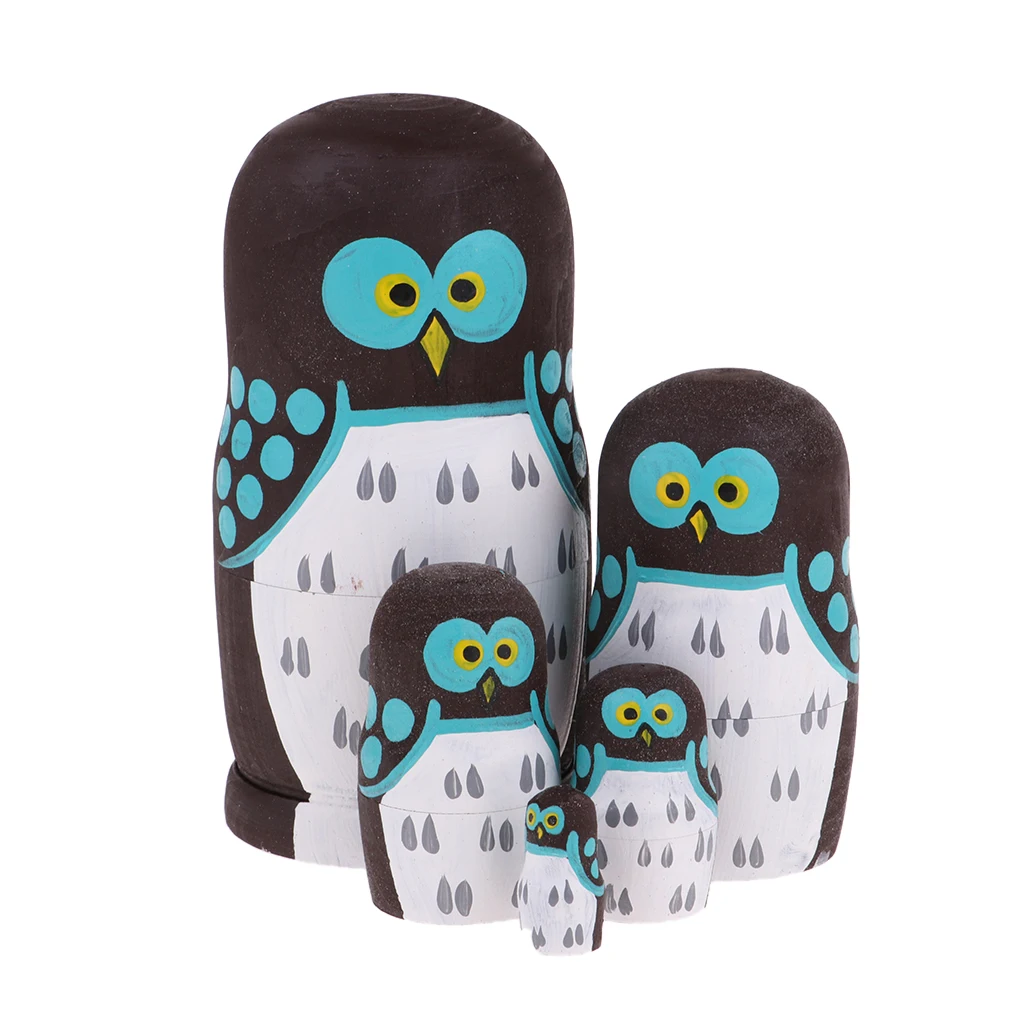 5 Pieces Hand Painted Owl Pattern Russian Nesting Dolls Wooden Matryoshka Babushka Doll For Kids Children Birthday Gift Toy