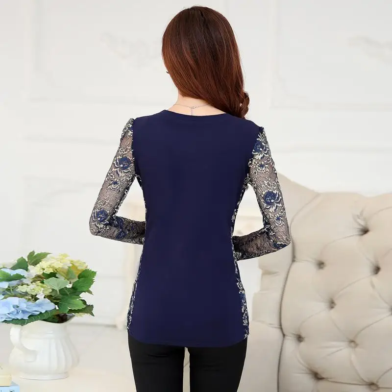 Модные женские топы и блузки пикантная кружевная блузка рубашка Длинные рукава рубашки женские женские синие Блузка Одежда 160F 50