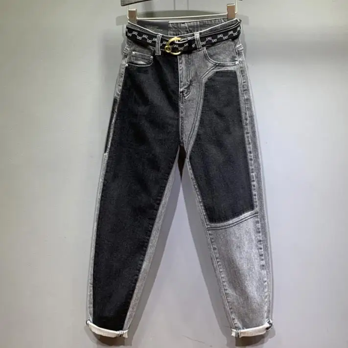 

Smoke gray ab face jeans women 2019 new high waist loose stitching hit color straight jeans plus size