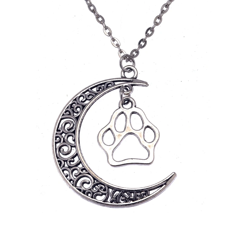 Antique Silver Cats And Dogs Claws Moon Pendant Necklace Womens Jewelry