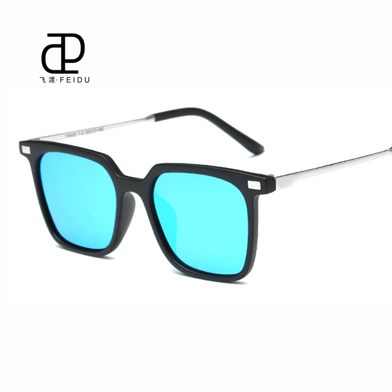 FEIDU Новые поляризованные Квадратные Солнцезащитные очки женские винтажные фирменные дизайнерские негабаритные Зеркальные Солнцезащитные очки мужские очки Gafas с коробкой - Цвет линз: Black Blue
