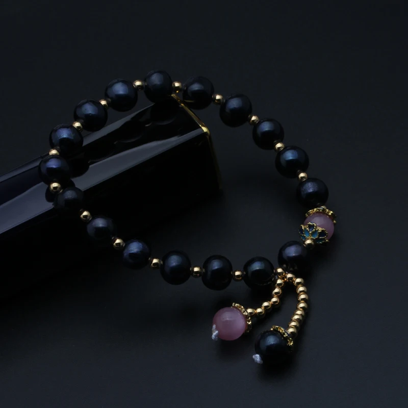Модный по-настоящему натуральный пресноводный черный жемчуг браслет на эластичной веревке ювелирные изделия из жемчуга для женщин свадебный подарок