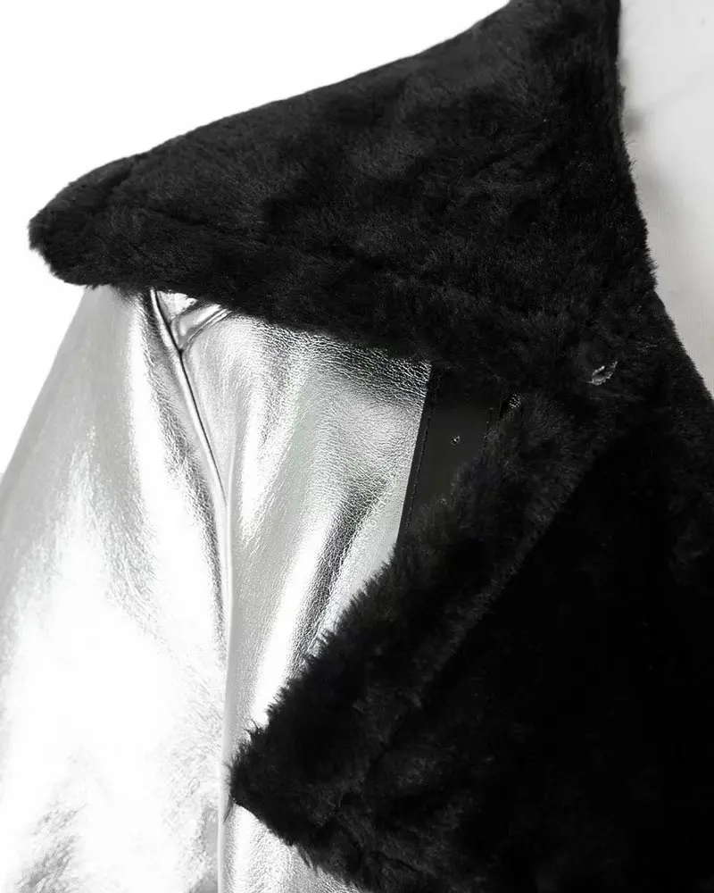 Серебристые яркие Флисовые женские пальто зимние толстые теплые куртки из искусственного меха пальто дамское повседневное пальто из искусственной кожи Большие размеры пальто с меховой подкладкой