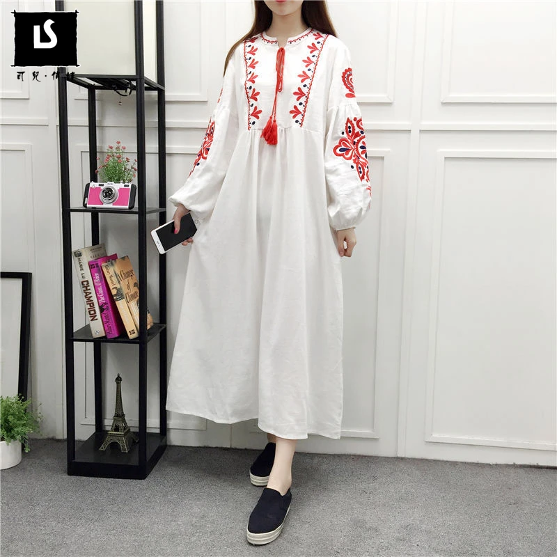 

Spring Autumn Vacation tourism Dress Fashion Women Loose Elegant National style Dresses Cotton linen Embroidered long Dresses