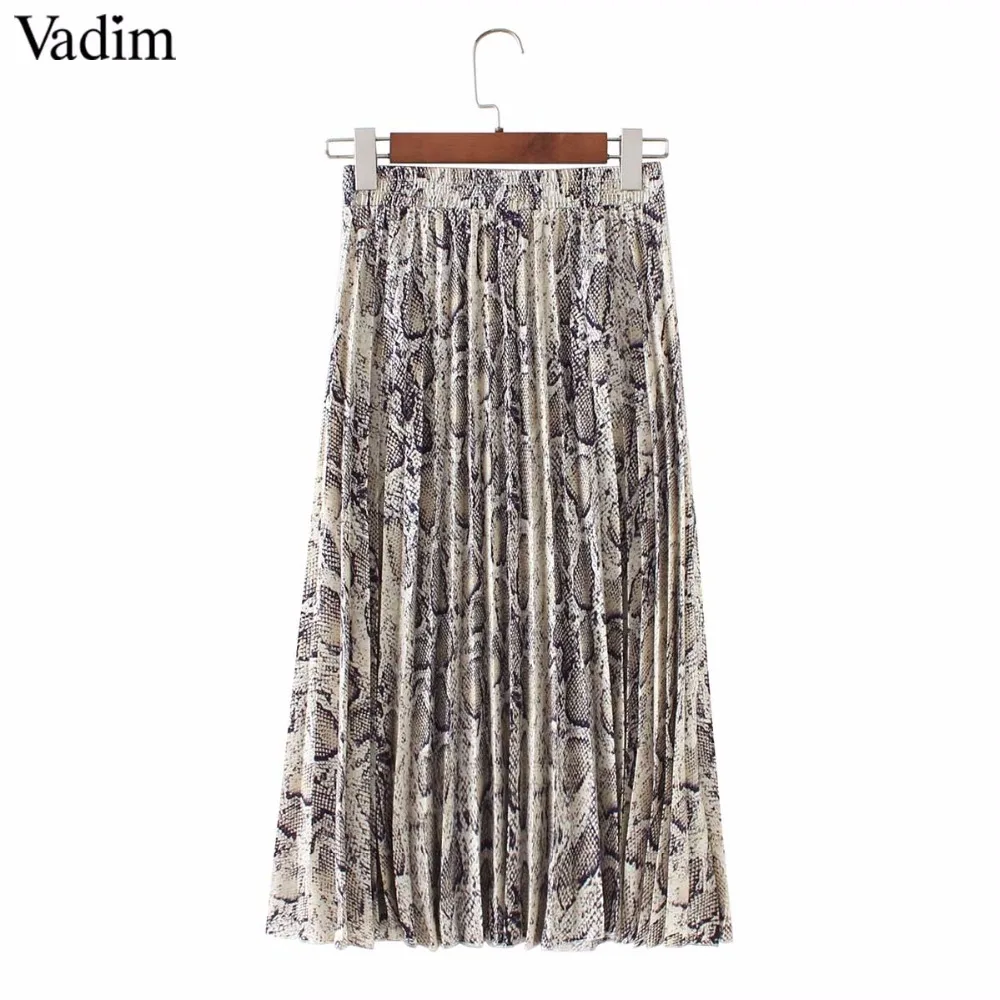 Vadim, Женская стильная плиссированная юбка со змеиным принтом, faldas mujer, на завязках, эластичная талия, женские повседневные юбки до середины икры, BA108
