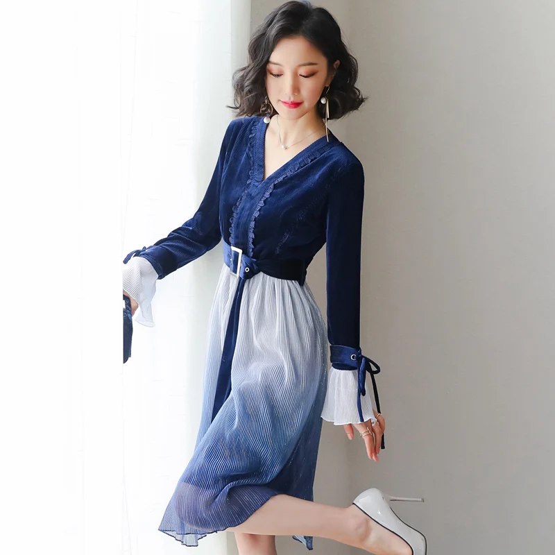 

2019 Women Dress Casual Patchwork Ruffles Sashes Lady Dress Ball Gown Bow Flare Sleeve Temperamental Senior Comfortable Clothes