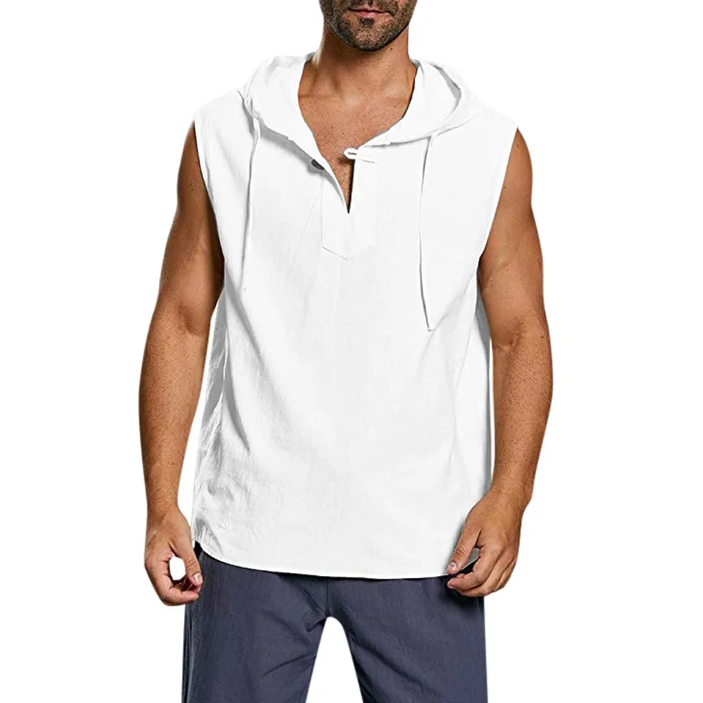 Men's Baggy Cotton Linen Solid Button Beach Sleeveless Hooded Shirt Tank Tops