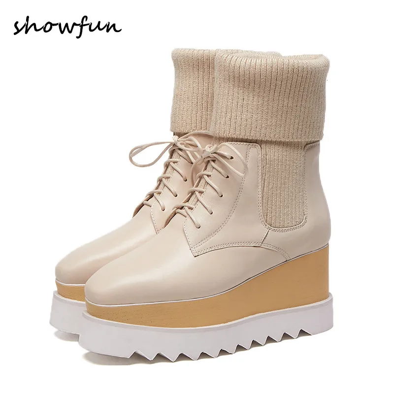 

Women's genuine leather wedge platform lace-up slip-on short ankle boots brand designer Stretch knit patchwork autumn shoes sale