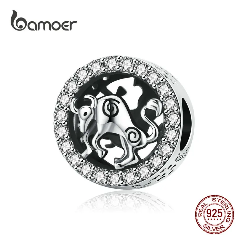 

BAMOER Zodiac Constellation Taurus Round Beads for Women Jewelry Making 925 Sterling Silver Clear CZ DIY Jewelry SCC1212