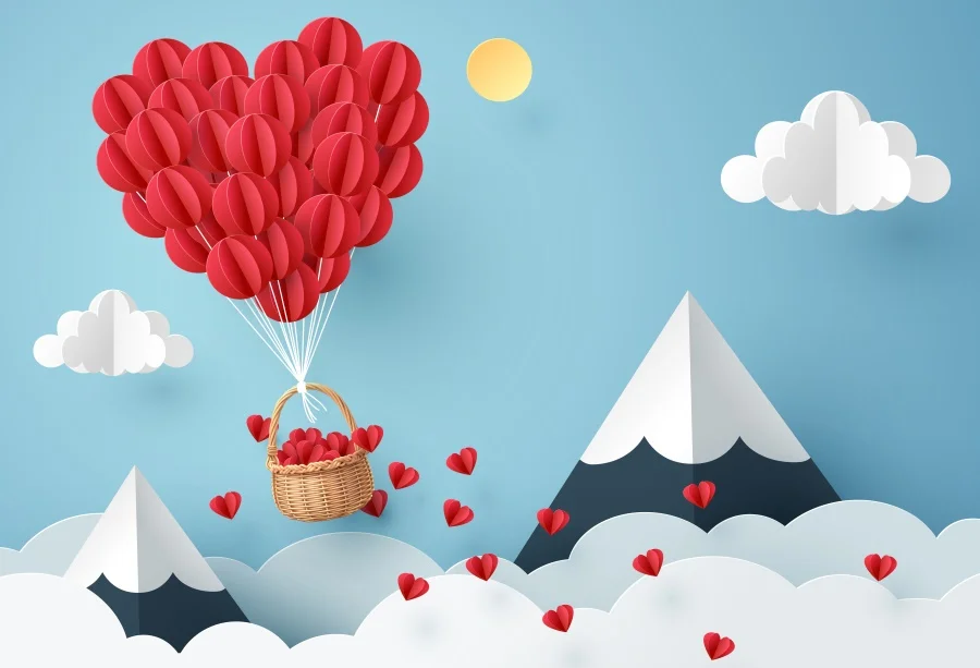 Laeacco Cartoon Clouds Love Heart Hot Air Balloons Valentine’s Day