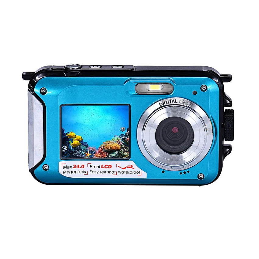 Двойной экран Водонепроницаемая камера 24MP 16x цифровой зум подводная камера - Цвет: Blue
