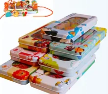 Kids Toy Baby Wood Math Cartoon Fruit Animal Lacing Beads Metal Box Learning Educational Preschool Training