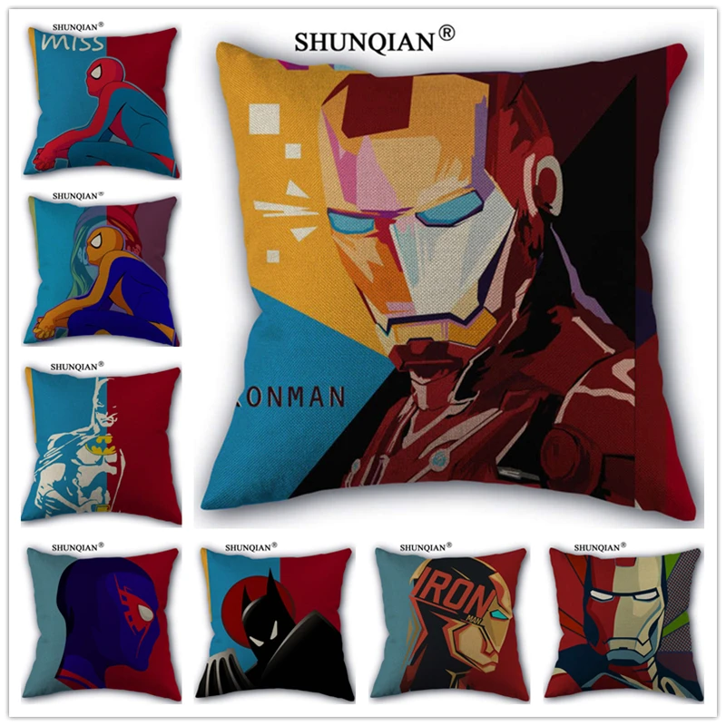 

WJY417 Marvel Heroes Iron Man Spider-Man Batman Superman pillowcase Custom One Side Pillow Cases Cotton Linen Pillow Case