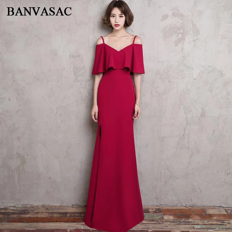 

BANVASAC 2018 V Neck Spaghetti Strap Split Mermaid Long Evening Dresses Party Short Sleeve Backless Prom Gowns