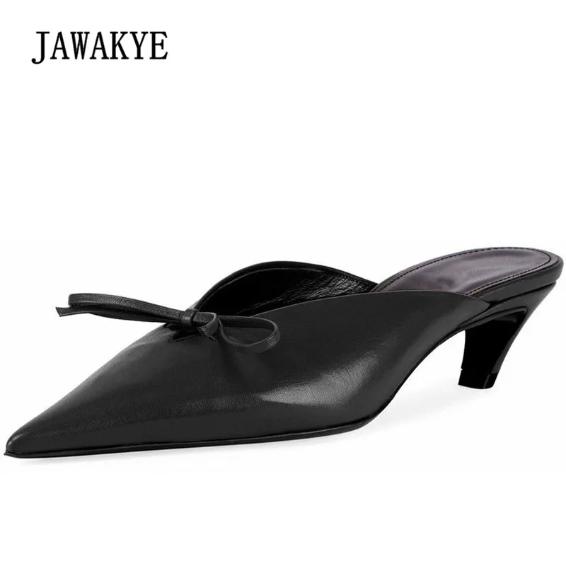 

Luxury Satin Slippers Woman Pointed Toe Bow Butterfly Little Heel Shoes Women Black Real Leather Muller Shoes Gladiator Sandals