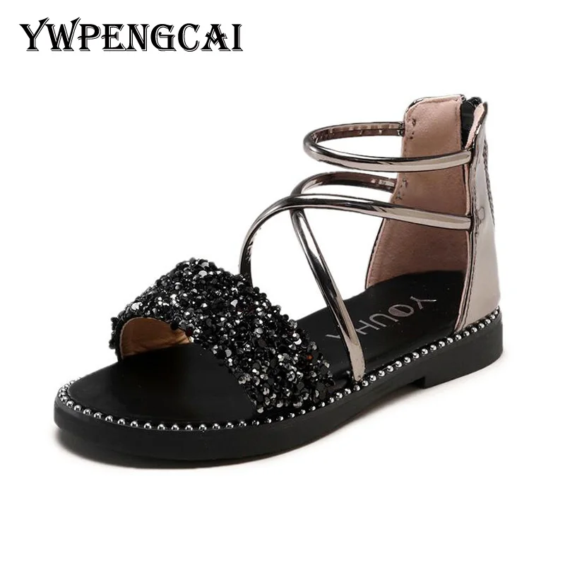 

Rhinestone Glitter Girls Summer Princess Shoes Cross-tied Cut Outs Zipper Gladiator Sandals Gold Silver Girls Sandals Size 26-36