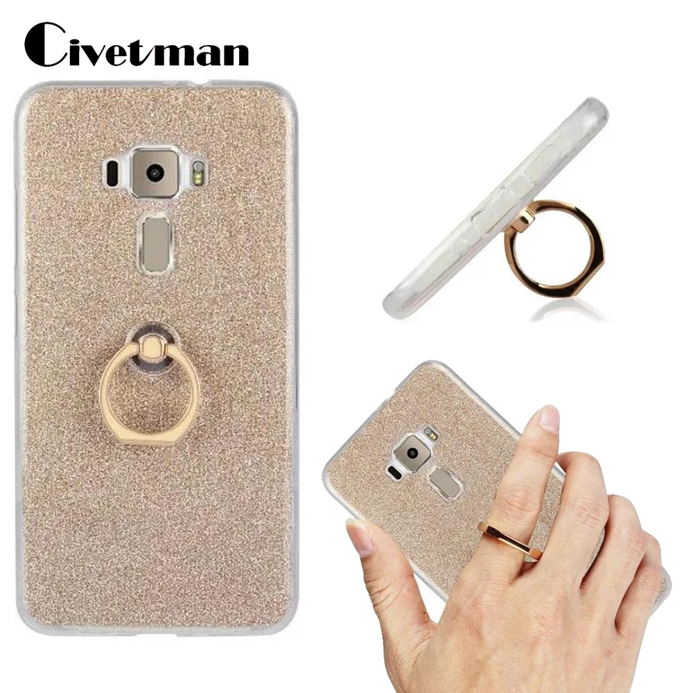 

Cover Phone Case For Asus Zenfone 3 ZE552KL 5.5" TPU Silicone Gel Protection Shell Shine Flash Glitter Powder Finger Ring Stent