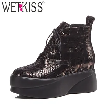 

WETKISS Genuine Leather Ankle Women Boots Platform Boot Round Toe Fashion Printing Shoes 2018 Shoelaces Autumn Elevator Footwear
