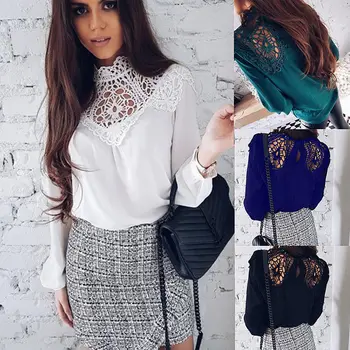 

Fashion Women Long Sleeve Shirt Casual Hollow Out Lace Blouse Loose Chiffon Tops Clothes Women Clothing
