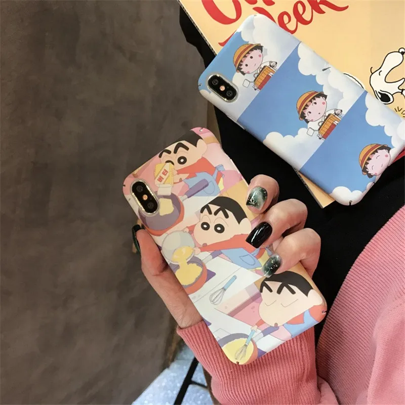 

HYSOWENDLY Cartoon Crayon Shinchan Chibi Maruko Phone Case For iPhone X XR XS Max 6 6s 7 8 Plus Luxury Hybrid Hard PC Coque Case
