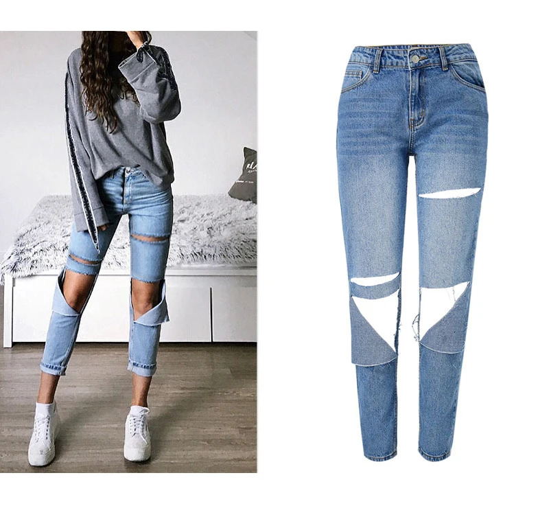 Women's high waist loose straight jean nine point pants knee hole wash street popular fall and winter (2)