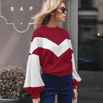 

New Casual Warm Loose Long Sleeve Patchwork Women O Neck Sweatshirts Knitwear Pullover Jumper Tops