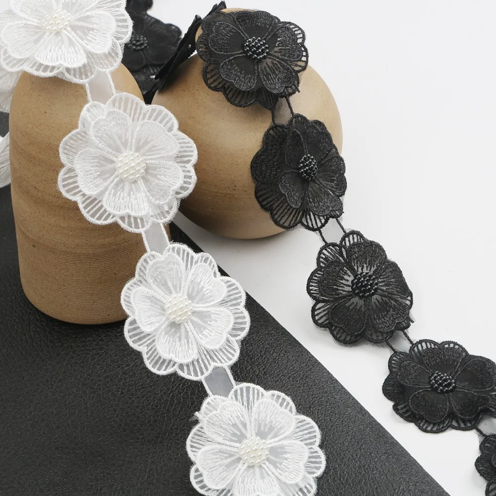 

12pcs White Pearl Flower Handmade Beaded Embroidered Lace Edge Trim Ribbon Double Layered Applique Dress DIY Sewing Craft