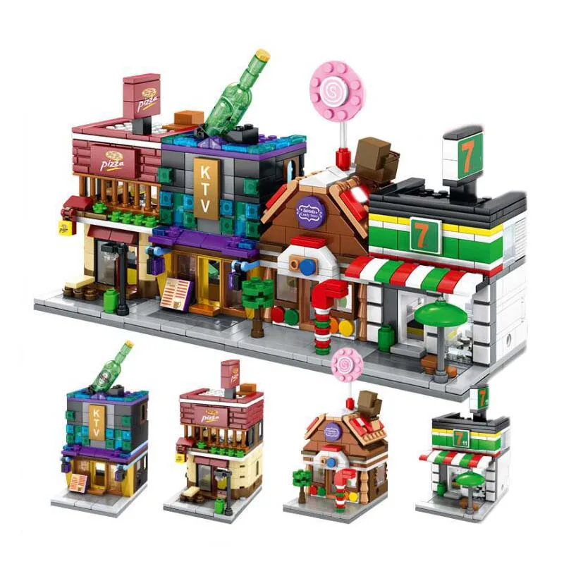 

4 Pcs Children's Block Toy Assemble Street Shop View Costruction Model Toy ABS Plastic Kids Favourite Toys for Birthday Gift