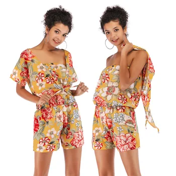 

2019 Summer Sexy Sweet Women Set Short Sleeve Floral Print Chiffon 2 Two Piece Beach Set Crop Top and Short Casual Suits Outfits