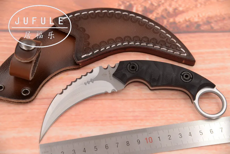 JUFULE New Strider karambit D2 Sheath leather G10 handle utility outdoor survival camping hunting tool Fixed blade kitchen knife