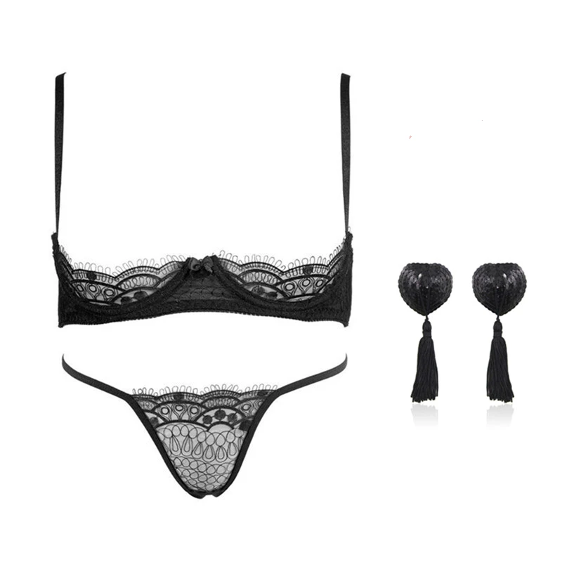 

Sexy Lingerie Bra and Brief Sets Lace Embroidery Ultra Thin Underwire Push Up Cup Open Bra Crotchless Panty Women Underwear Set