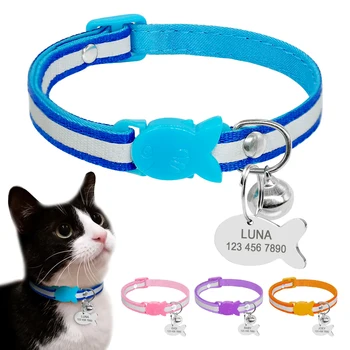 

Quick Release Cat Puppy Collar Personalized Pet Reflective Kitten Collars Safety Small With Engraved Fish ID Tag & Bell Custom