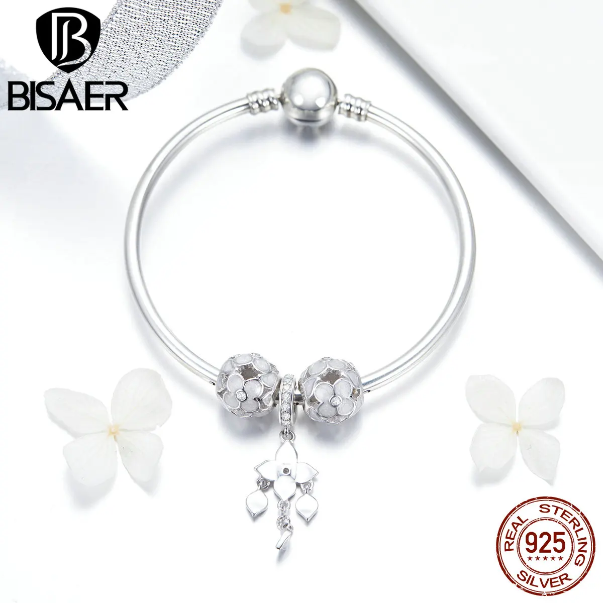 

BISAER 4PCS Authentic 925 Sterling Silver White Clover Round Beads Four-leaf Pendant Charms DIY European Charm Bracelet GXB812