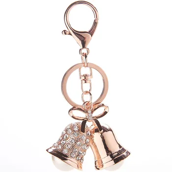 

Shiny Gold Plating With Clear Rhinestones and White ABS Pearls Jeweled Christmas Bell Design Metal Alloy Key Chains