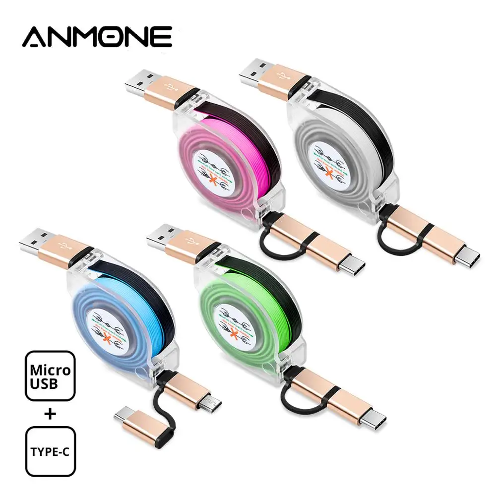 ANMONE 2 في 1 USB نوع C كابل للهاتف المحمول المصغّر USB كابل قابل للسحب سريع شحن USB C كابل 1 m المحمولة البيانات الحبل