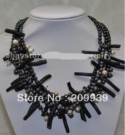 

huij 002869 18" 3strands Black freshwater pearl necklace branch Sponge coral