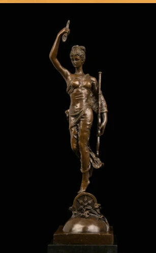 

Art Deco Sculpture Beautiful Woman Goddess Girl Hold Trump Bronze Statue Signed