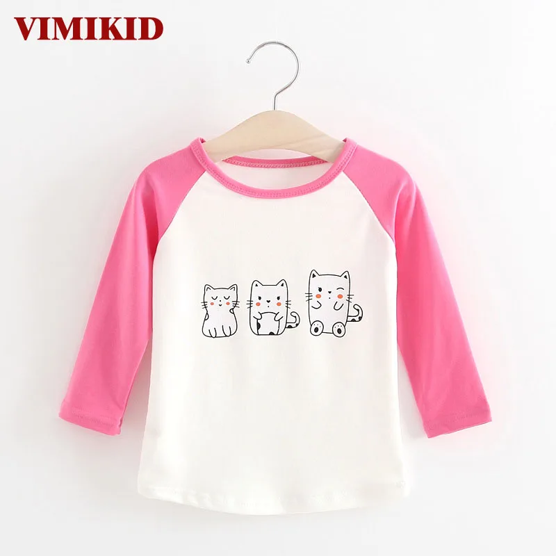 VIMIKID/коллекция года, весенне-осенняя футболка для маленьких девочек Милая футболка с длинными рукавами и круглым вырезом и рисунком кота детская одежда - Цвет: rose