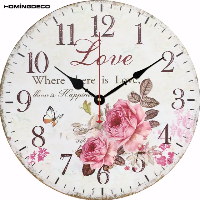 Homingdeco 12 Inch Wall Clock Vintage Love Flowers Pattern Rustic European Style Silent Wall Clock Livingroom Bedroom Home Decor