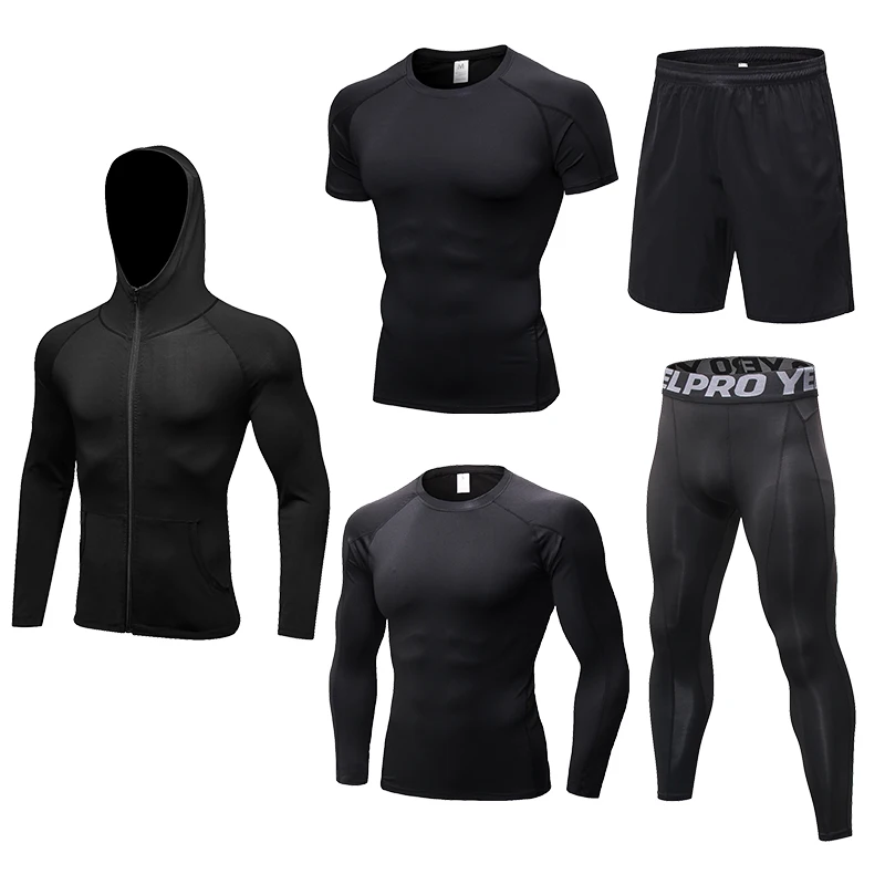 YEL мужской дышащий спортивный костюм для фитнеса, баскетбола, футбола, тенниса, фитнеса, спортзала, плотный спортивный костюм для мужчин, набор для бега - Цвет: Black