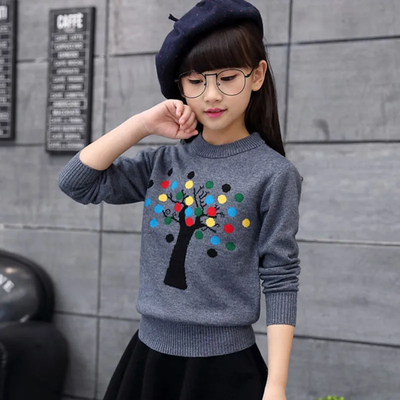 

5T-16T Children's Clothing Sweater Girl Clothes Fashion Small Tree Pattern Knitted Cotton Sweater Spring Autumn For Girl