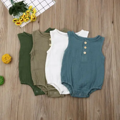 0-24M Newborn Cotton Linen Romper Baby Boy Girl Sleeveless Solid Romper Infant Toddler Outfit Sunsuit Clothes