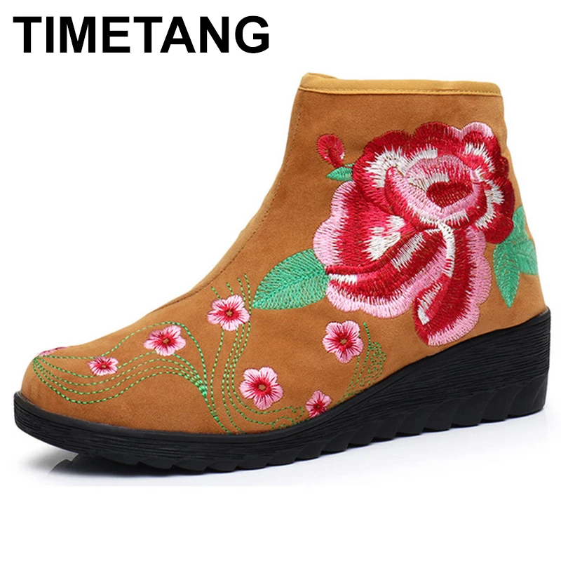 

TIMETANGPlum Embroidered Women Casual Faux Suede Short Ankle Boots Hidden MedWedge Heel Retro Ladies Booties Platform Shoes E327