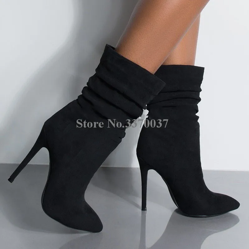 Botas de piel de ante con punta estrecha para mujer, botines de media caña,  tacón alto, sin cordones, color rojo y negro - AliExpress Calzado