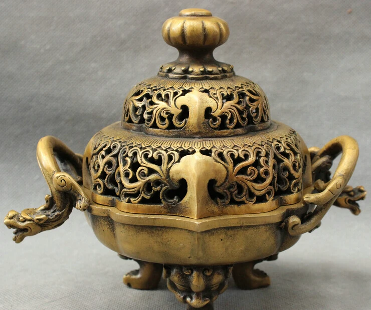 

JP S0608 Chinese Bronze Buddhism Dragon Unicorn Statue Tibet Lion Incense Burner Censer