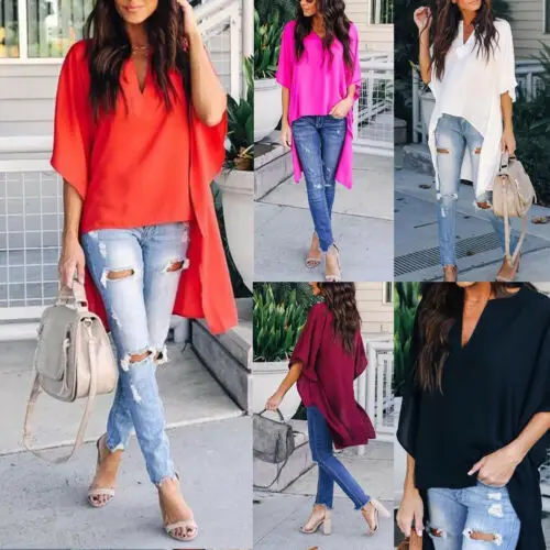 جديد أزياء المرأة شيك أنيقة مثير لينة غير النظامية قميص بلوزة من عنق v نصف كم زائد البلوز قمصان طويلة النساء الملابس