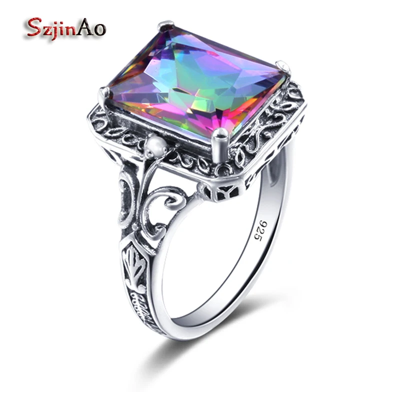 

Szjinao Big Rainbow Topaz Cocktail Rings Genuine 925 Sterling Silver Vintage Dress Ring for Women Valentine Day Gifts