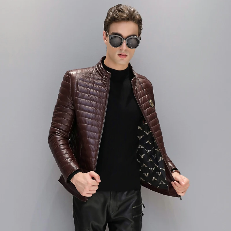 

Winter Jacket Men Down 90% White Duck Down Jackets High-grade Leather Men's Winter Jackets Stand Collar Seamless Warm Parka